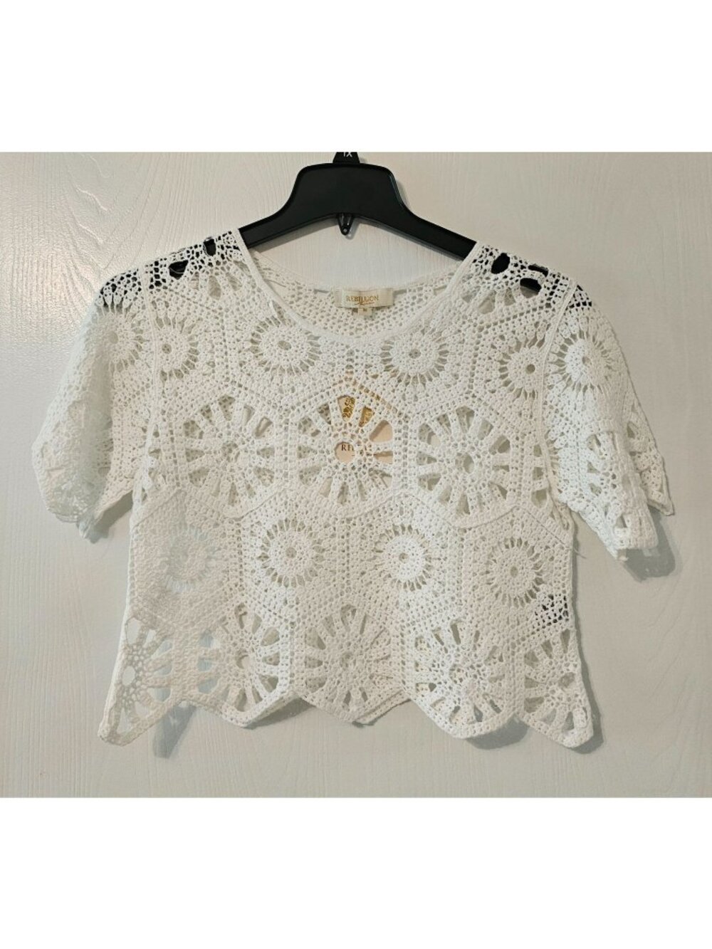 NWT Rebellion Again Crochet White Crop Top M Sheer Festival Whimsy Cottage Boho